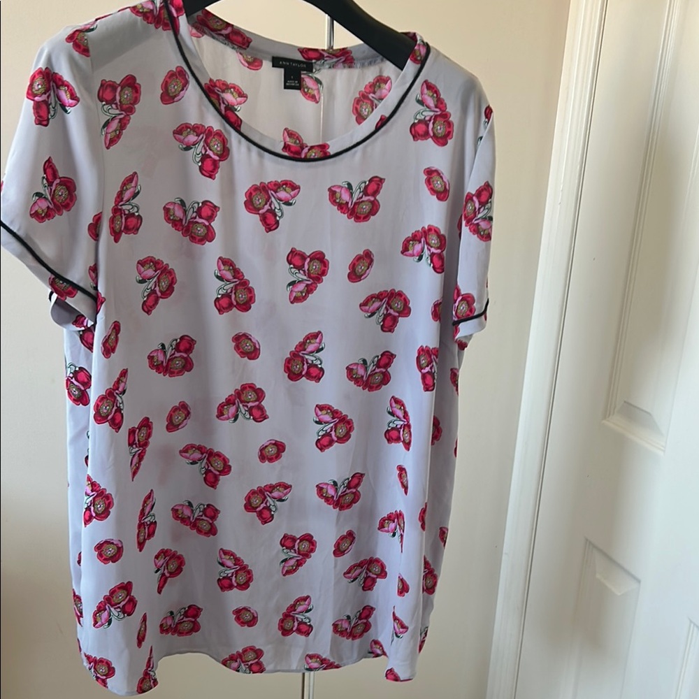 Ann Taylor Grey Blouse with Red Floral Print